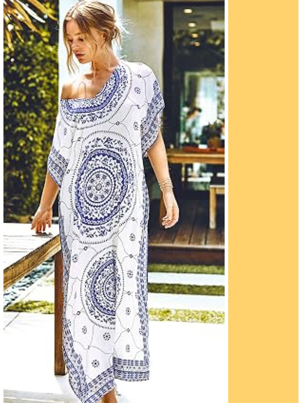 Cupshe Boho Medallion Print Maxi Cover Up in Blue White Kaftan Beach Resort OS